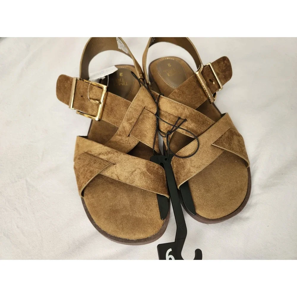 Time and Tru Womens Sandals Size 9 Olive Faux Suede Strappy Buckle Flat New NWT